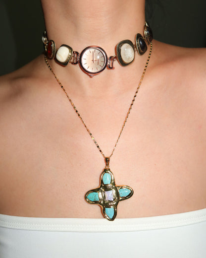 Eartha Unique Turquoise Cross Golden Pendant Necklace
