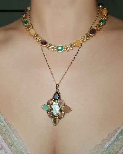 Hermosa Colorful Gemstone Golden Pendant Necklace
