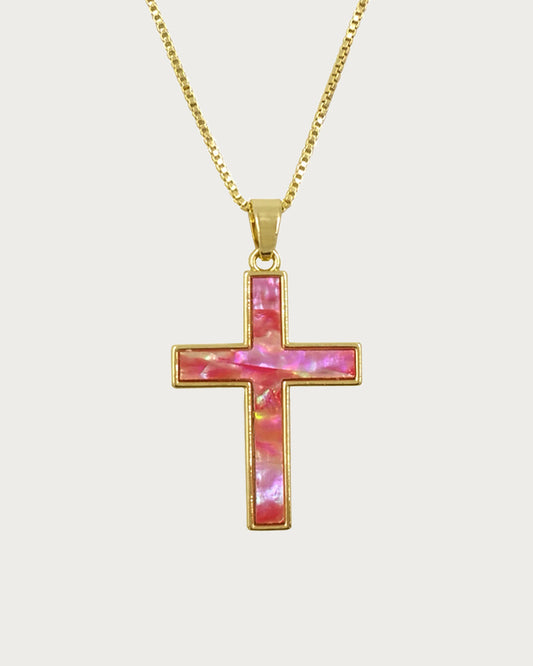 Dora Pink Sea Shell Cross Golden Pendant Necklace