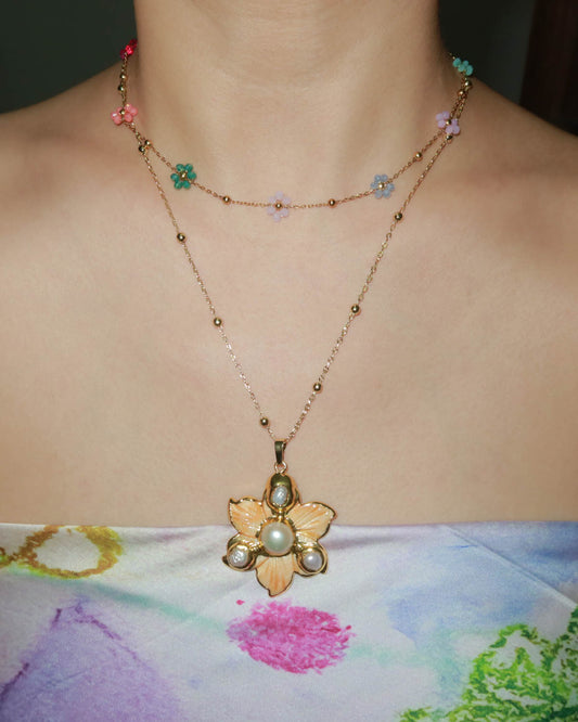 Clara Flower Beaded Golden Necklace