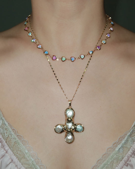 Betty Pearl Cross Golden Pendant Necklace