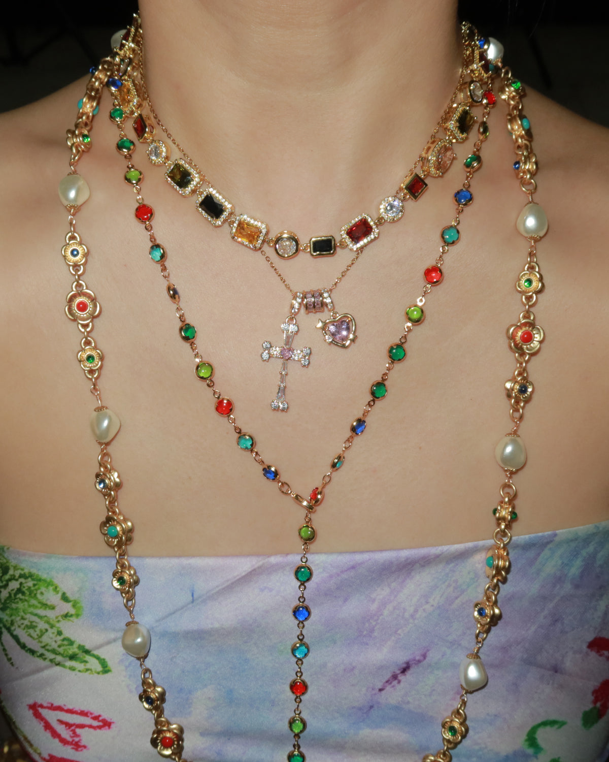 Ida Colorful Cross Style Golden Lariat Necklace