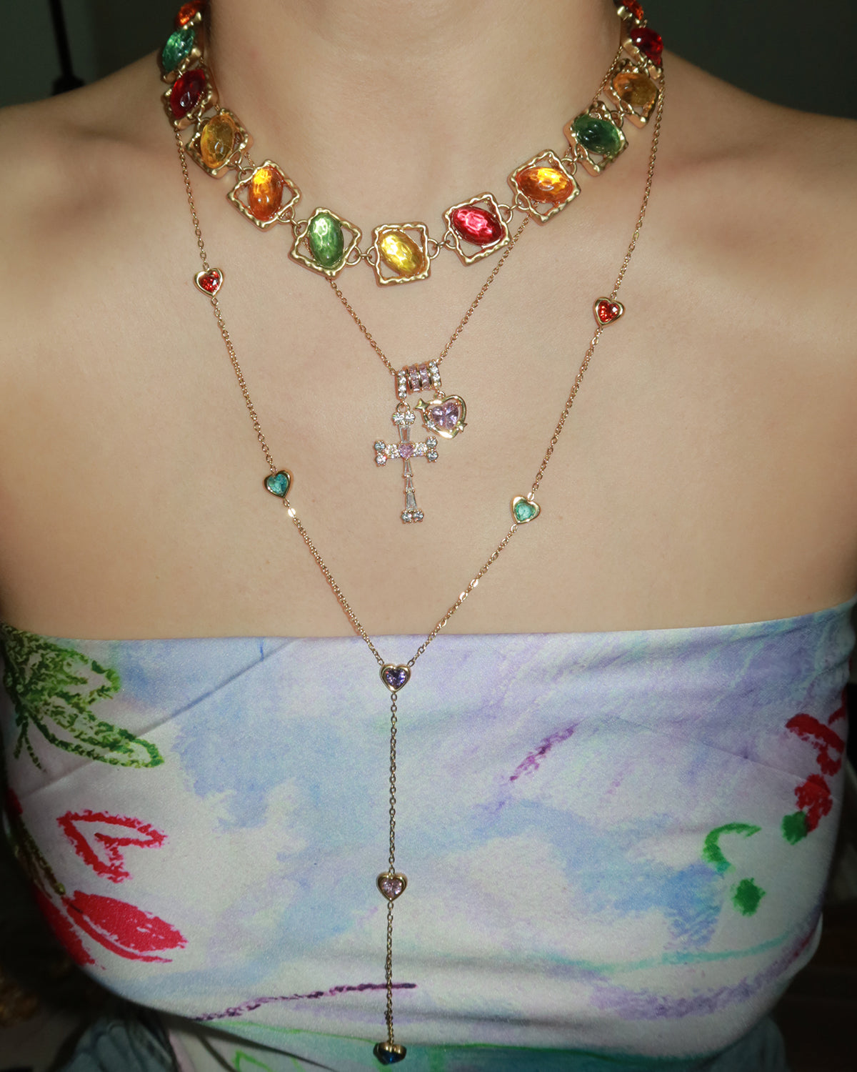 Carol Colorful Hearts Golden Long Necklace