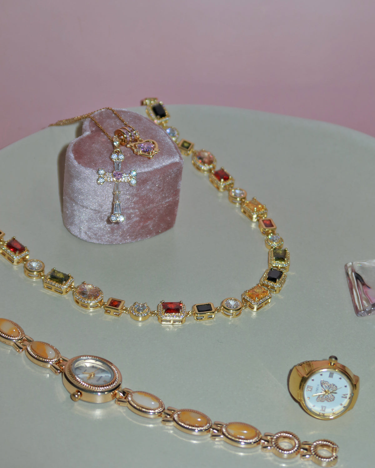 Doreen Pink Heart Cross Pendant Necklace