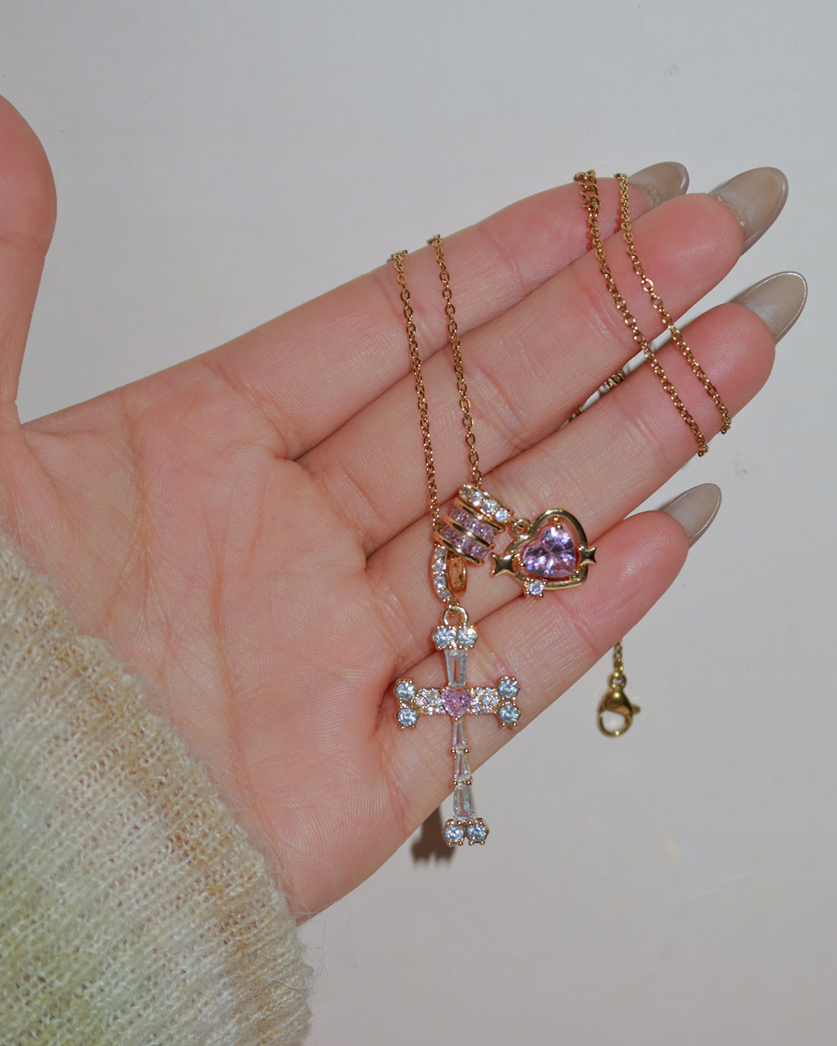 Doreen Pink Heart Cross Pendant Necklace