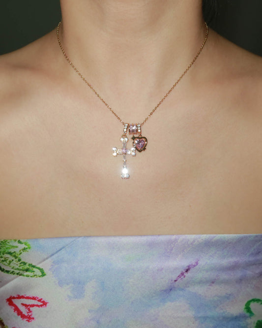 Doreen Pink Heart Cross Pendant Necklace