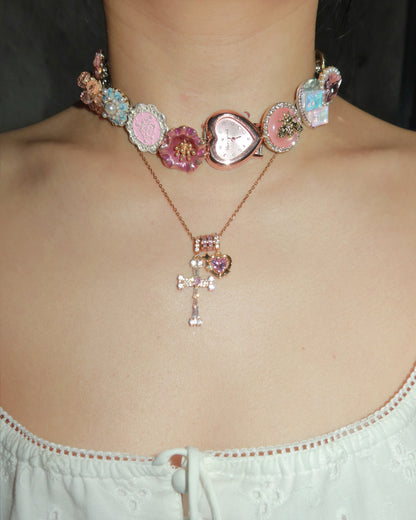 Doreen Pink Heart Cross Golden Pendant Necklace