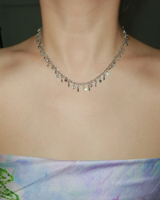 Angela Tear Drop Tassel Silver Chain Necklace