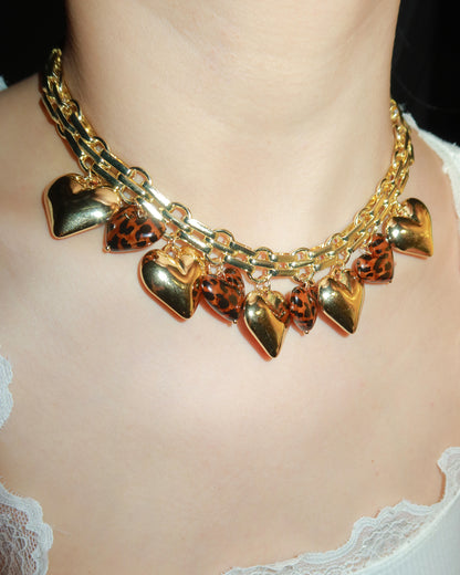 Myrna Bold Leopard Hearts Golden Charm Necklace