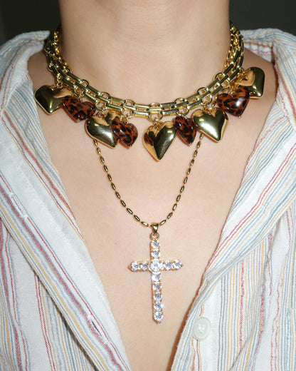Myrna Bold Leopard Hearts Golden Charm Necklace