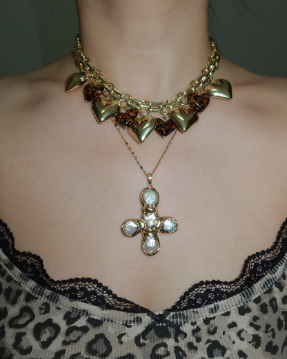 Myrna Bold Leopard Hearts Golden Charm Necklace