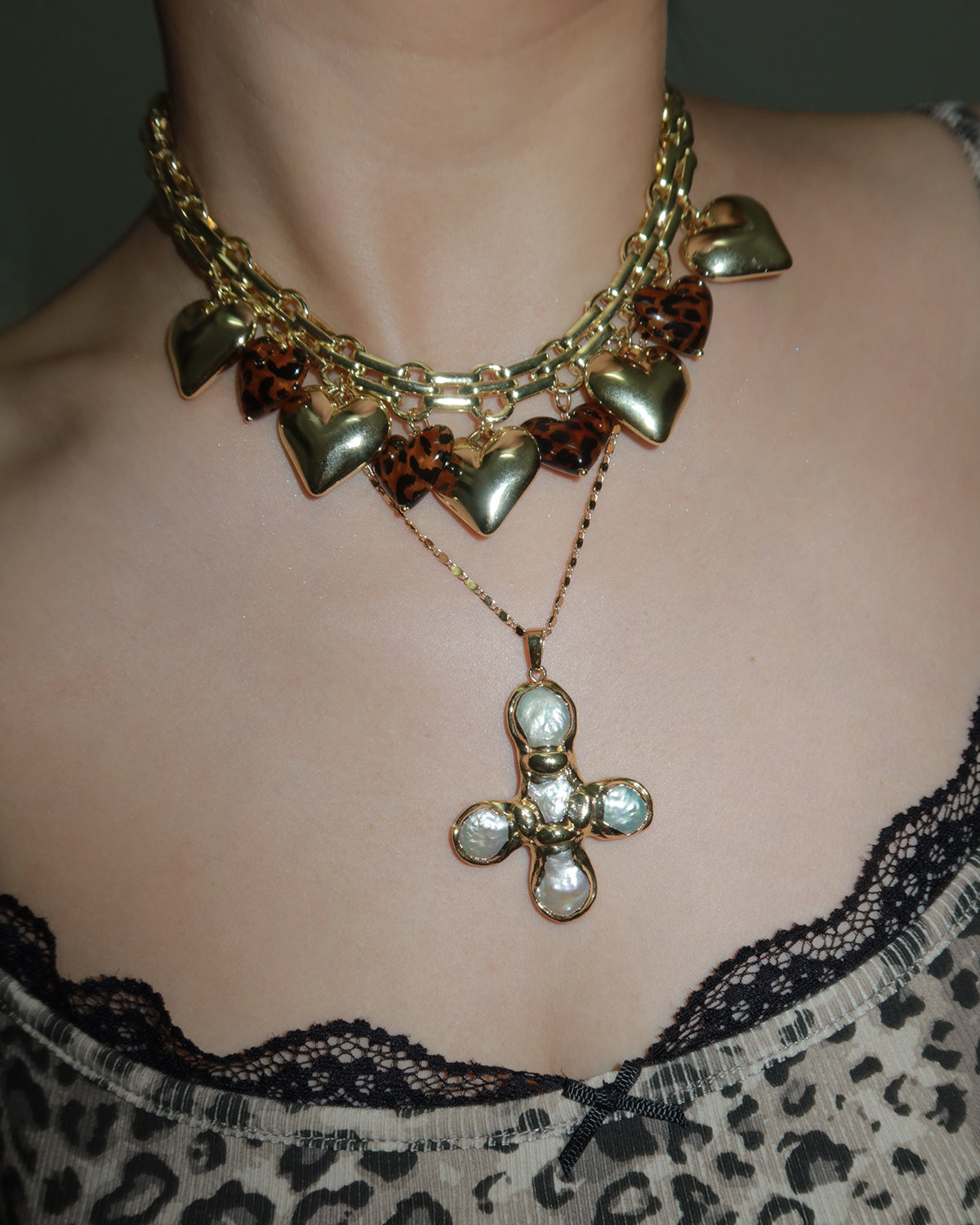 Myrna Bold Leopard Hearts Golden Charm Necklace