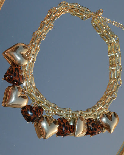 Myrna Bold Leopard Hearts Golden Charm Necklace