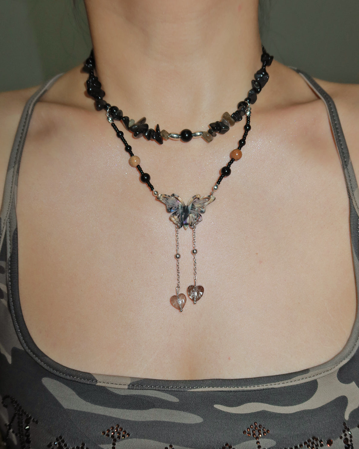 Eleanore Crushed Stone Butterfly Beaded Necklace