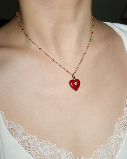 Ruby Enamel Heart Golden Pendant Necklace