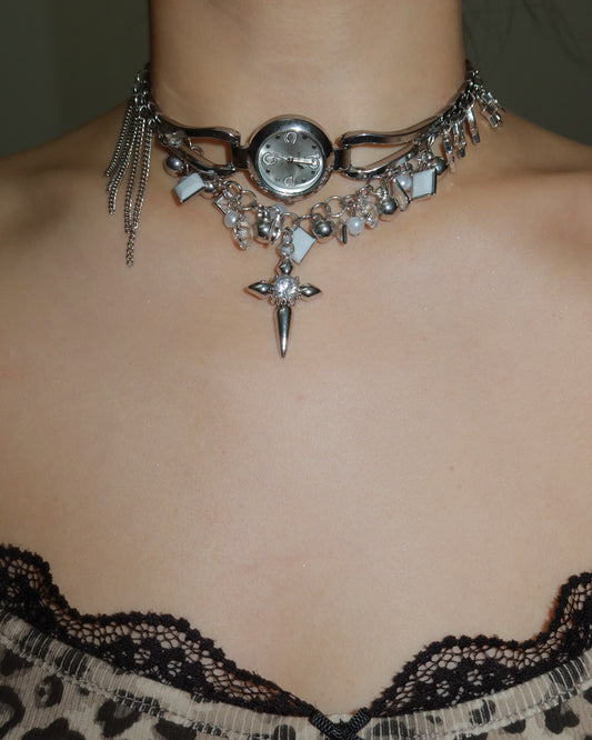 Martina Cross Tassel Clock Silver Necklace