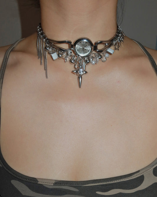 Martina Cross Tassel Clock Silver Necklace