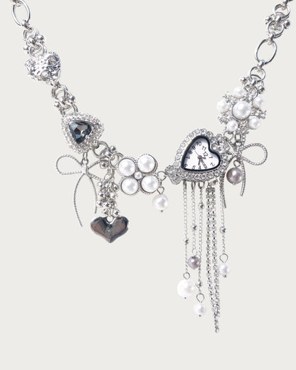 Jodie Sweet Bow Heart Pearl Clock Necklace