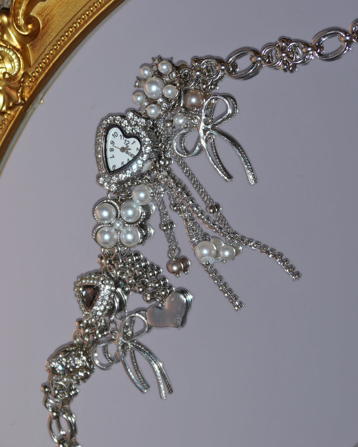 Jodie Sweet Bow Heart Pearl Clock Necklace