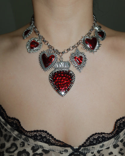 (Free On Oders $69+)Frederica Vintage Red  Heart Silver Necklace