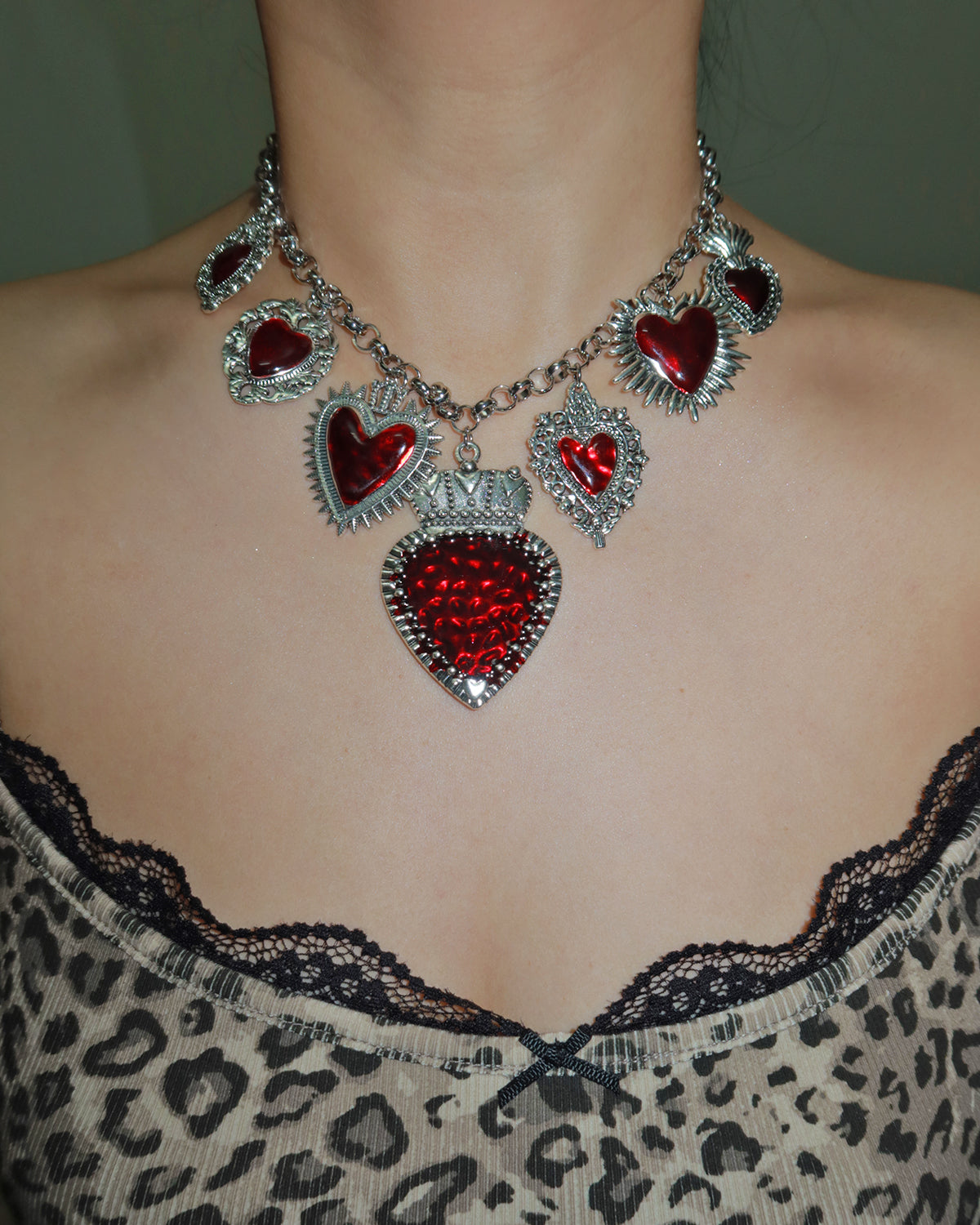Frederica Vintage Red  Heart Silver Necklace
