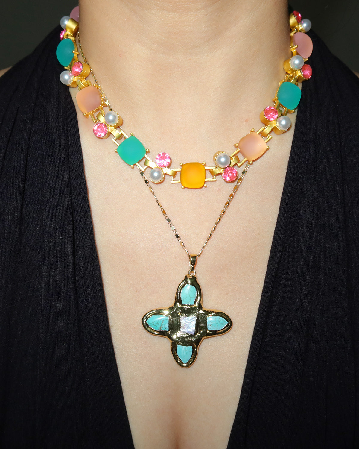 Kitty Colorful Cubic Resin Pearl Golden Necklace