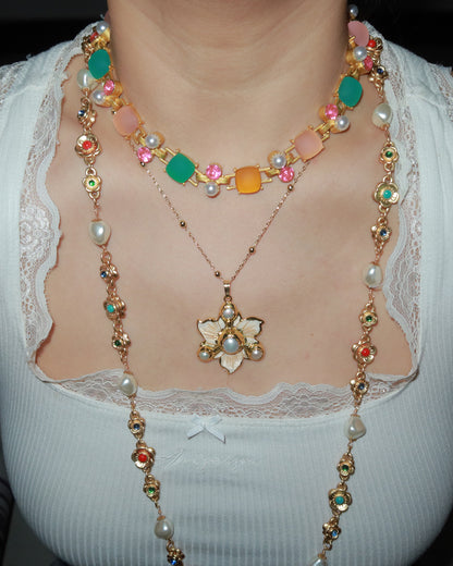 Kitty Colorful Cubic Resin Pearl Golden Necklace