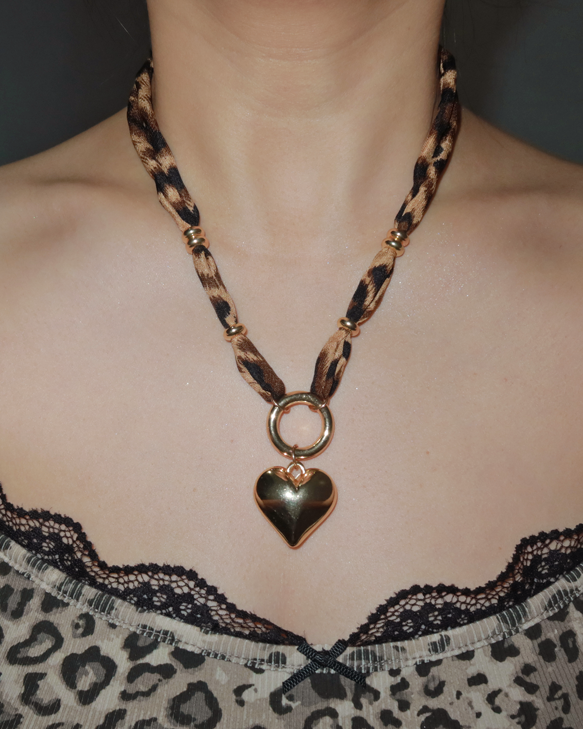 Molly Leopard Ribbon Beaded Heart Necklace