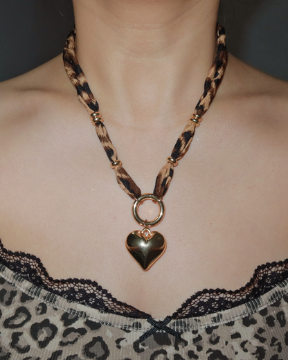 Molly Leopard Ribbon Beaded Heart Necklace