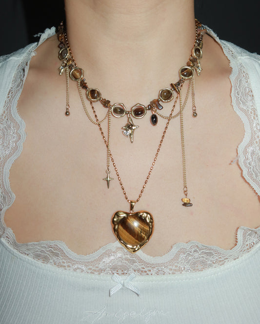 Cecilia Tiger's Eye Heart Golden Pendant Necklace