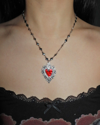 Cathy Vintage Red Heart Silver Pendant Necklace