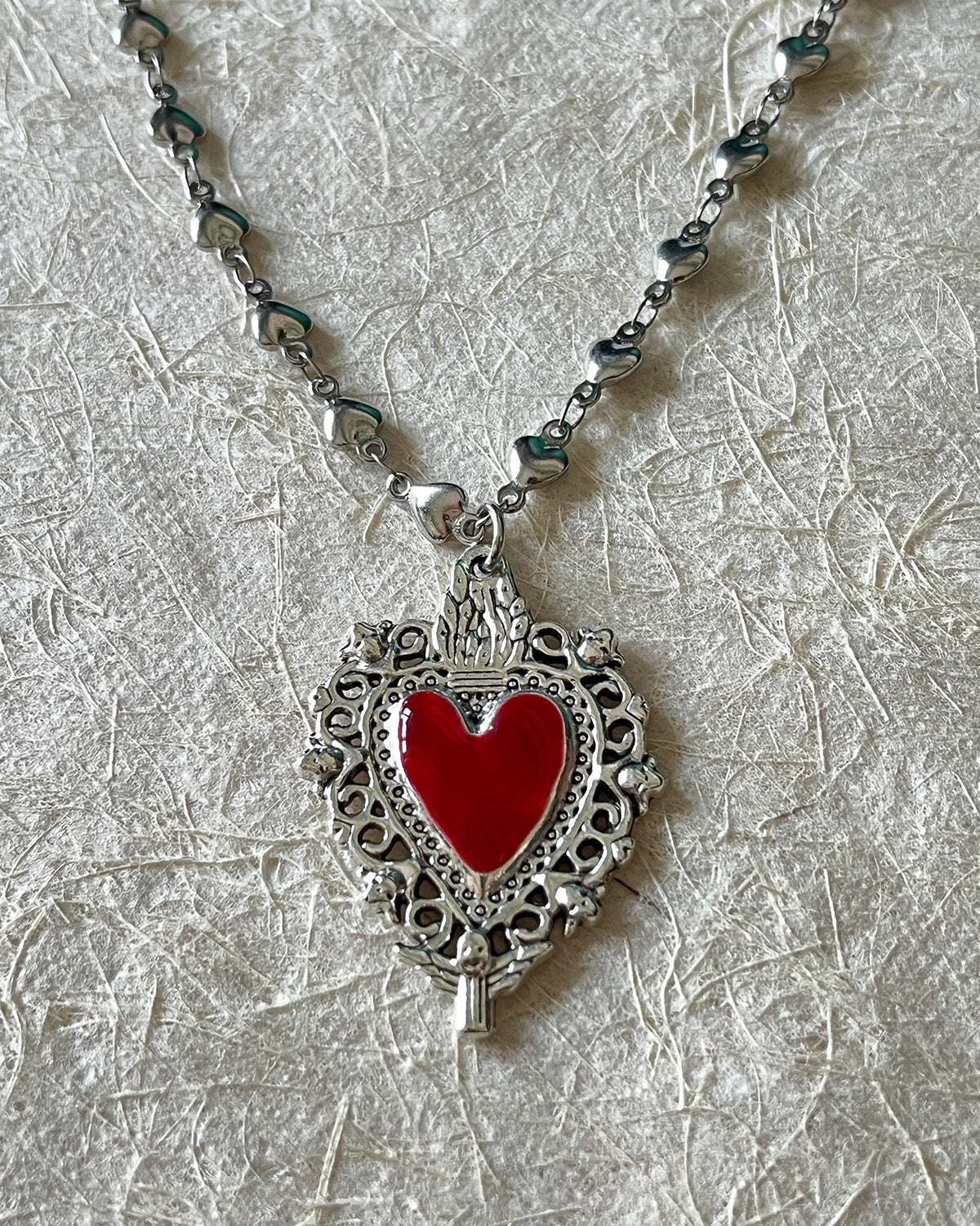Cathy Vintage Red Heart Silver Pendant Necklace