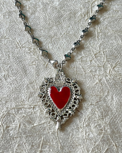 Cathy Vintage Red Heart Silver Pendant Necklace