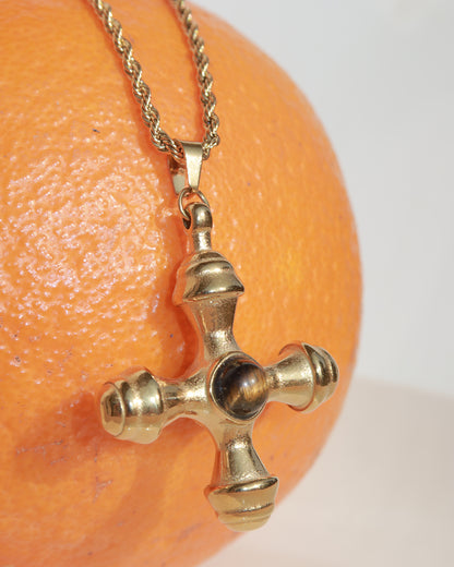 Isabel Tiger Eye Cross Golden Charm Necklace
