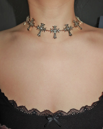 Lena Multi-Layer Cross Golden Choker Necklace