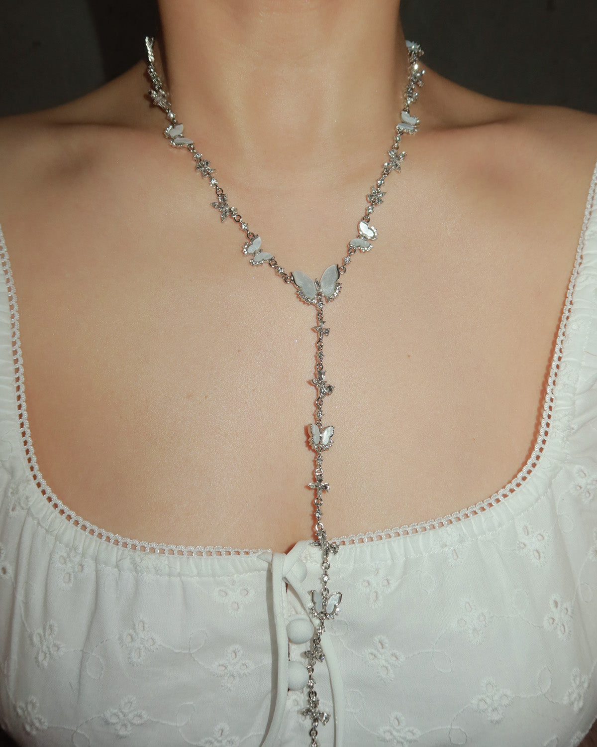 Lila Butterfly Silver Lariat Necklace