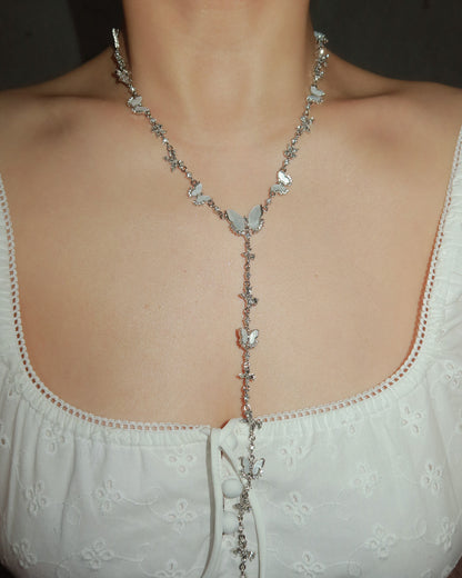 Lila Butterfly Silver Lariat Necklace