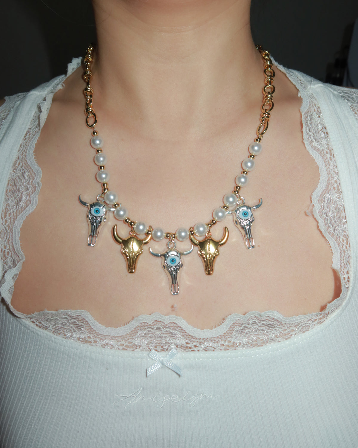 Charlotte Bull Head Pearl Statement Necklace