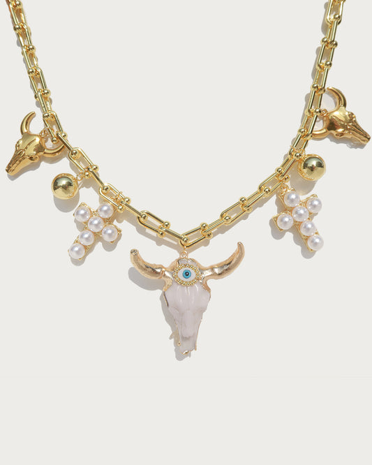 Charlotte Bull Head Pearl Cross Golden Necklace