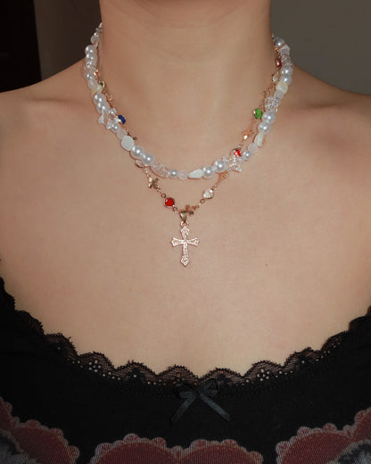 Aurora Baroque Pearl Shell Cross Golden Necklace