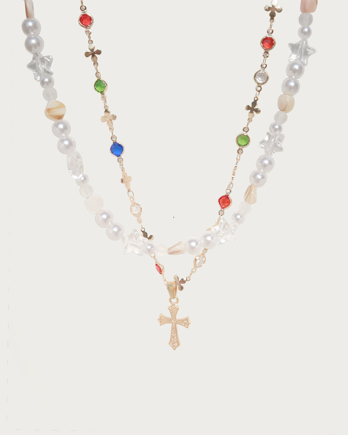 Aurora Baroque Pearl Shell Cross Golden Necklace