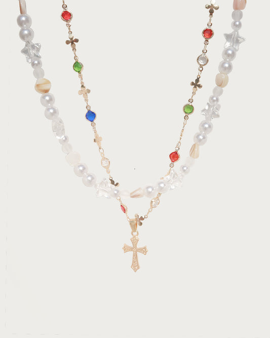 Aurora Baroque Pearl Shell Cross Golden Necklace