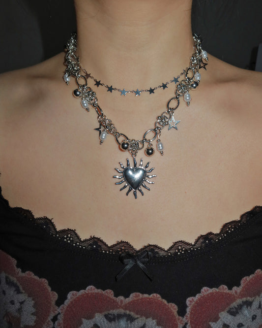 Calista Vintage Heart Star Silver Necklace