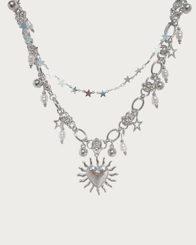 Calista Vintage Heart Star Silver Necklace