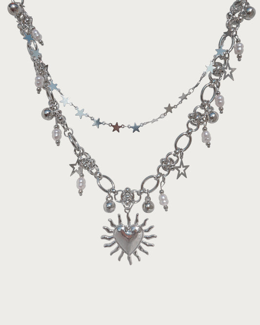 Calista Vintage Heart Star Silver Necklace