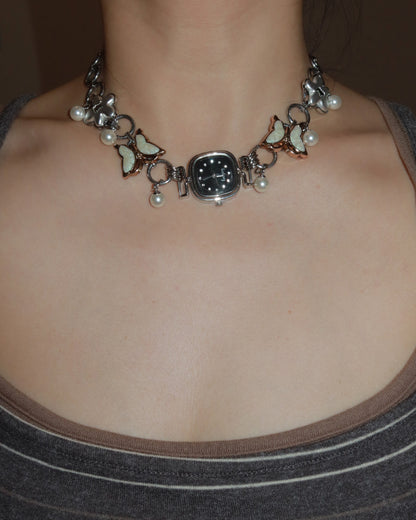 Lunelle Butterfly Pearl Charm Silver Watch Necklace