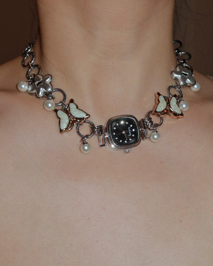 Lunelle Butterfly Pearl Charm Silver Watch Necklace