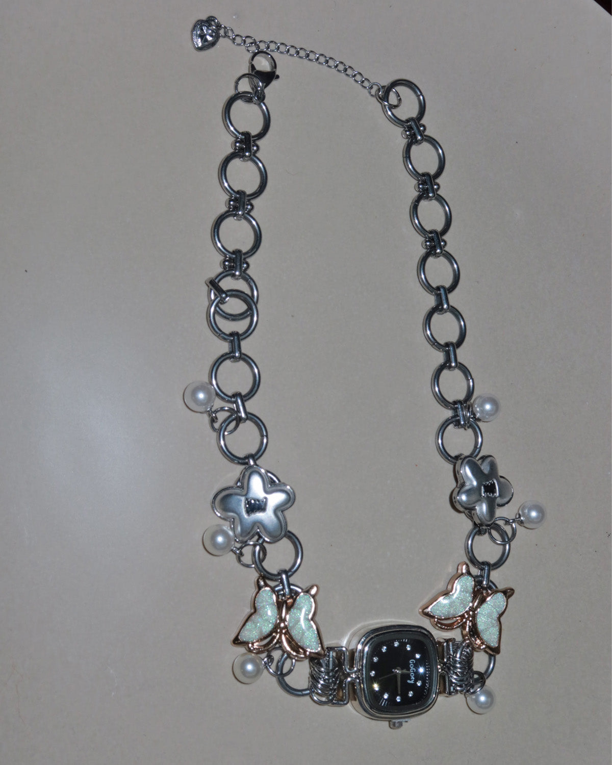 Lunelle Butterfly Pearl Charm Silver Watch Necklace