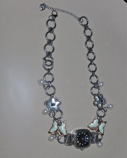 Lunelle Butterfly Pearl Charm Silver Watch Necklace