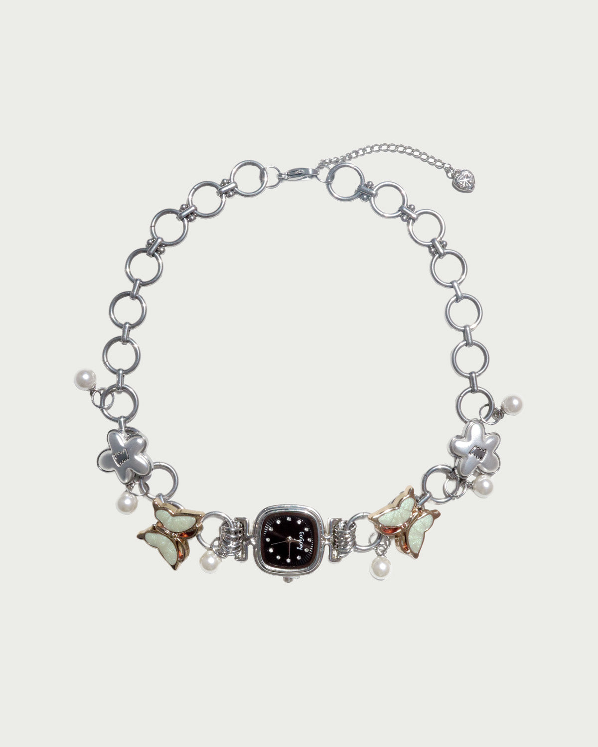 Lunelle Butterfly Pearl Charm Silver Watch Necklace